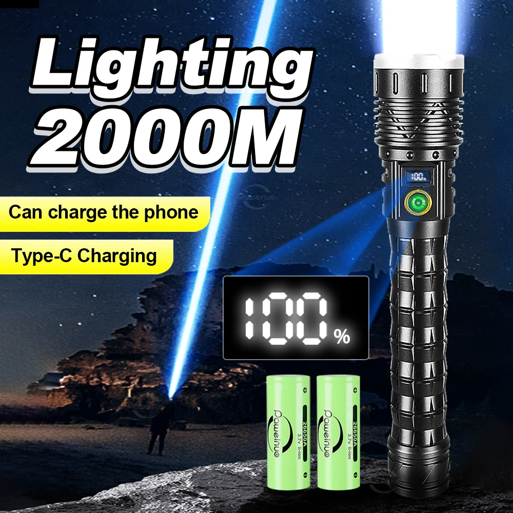 100000 Lumens Super High Power LED Flashlight Ultra Power Outdoor Rechargeable Hand Torch 5 Mode Type-C Charging Lighting 2000m