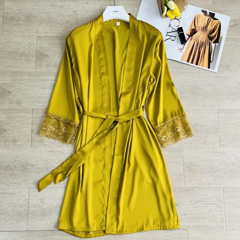 Bata de novia de encaje blanco Sexy para dama de honor, bata de boda para primavera y verano, ropa de dormir para mujer, bata de baño tipo kimono, camisón de satén suelto, ropa de casa