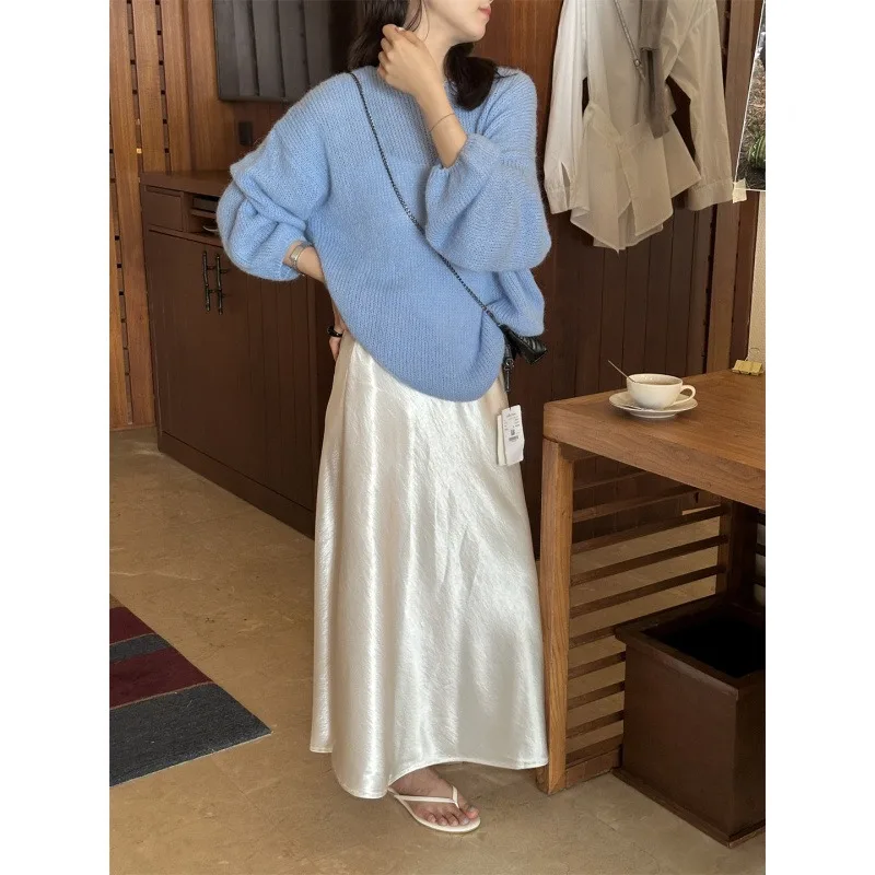 

2025 Women's Casual Sweater Soft Comfortable Off Shoulder Pullover in Light Blue Perfect for Spring Fall Casual Attire Casual