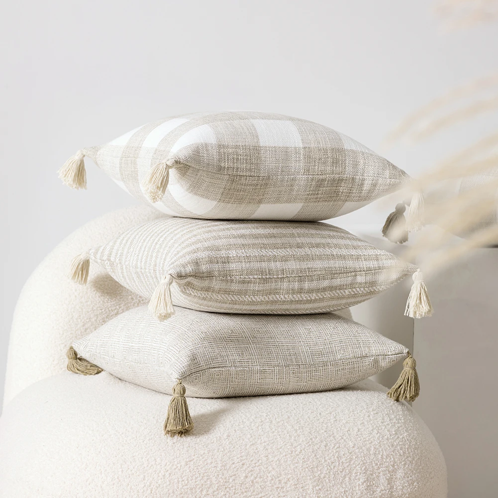 KAUNFO Wild Cushion Cover Polyester Fabric Pillowcase Solid Color Striped Plaid Tassel Custom For Bedroom Living Room