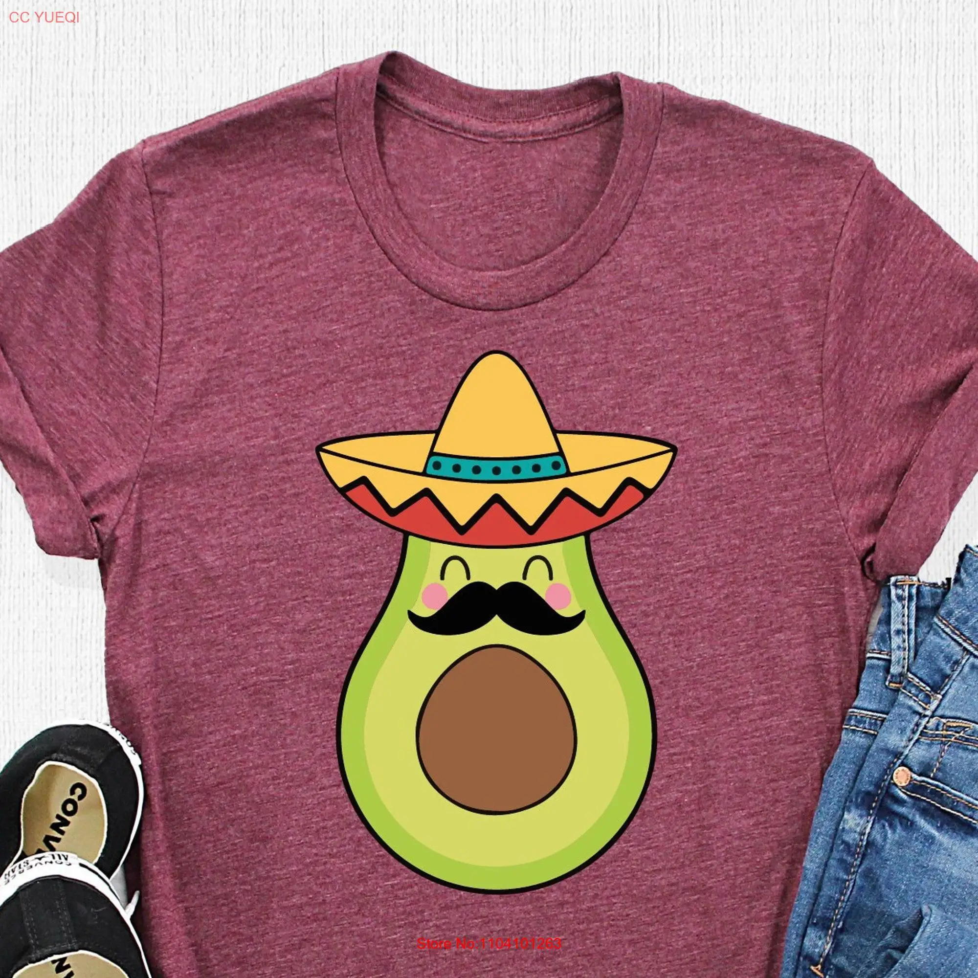 Avocado with Sombrero T Shirt Cinco De Mayo Mexico Outfit Vacation Cute Party Avacado Mexican long or short sleeves