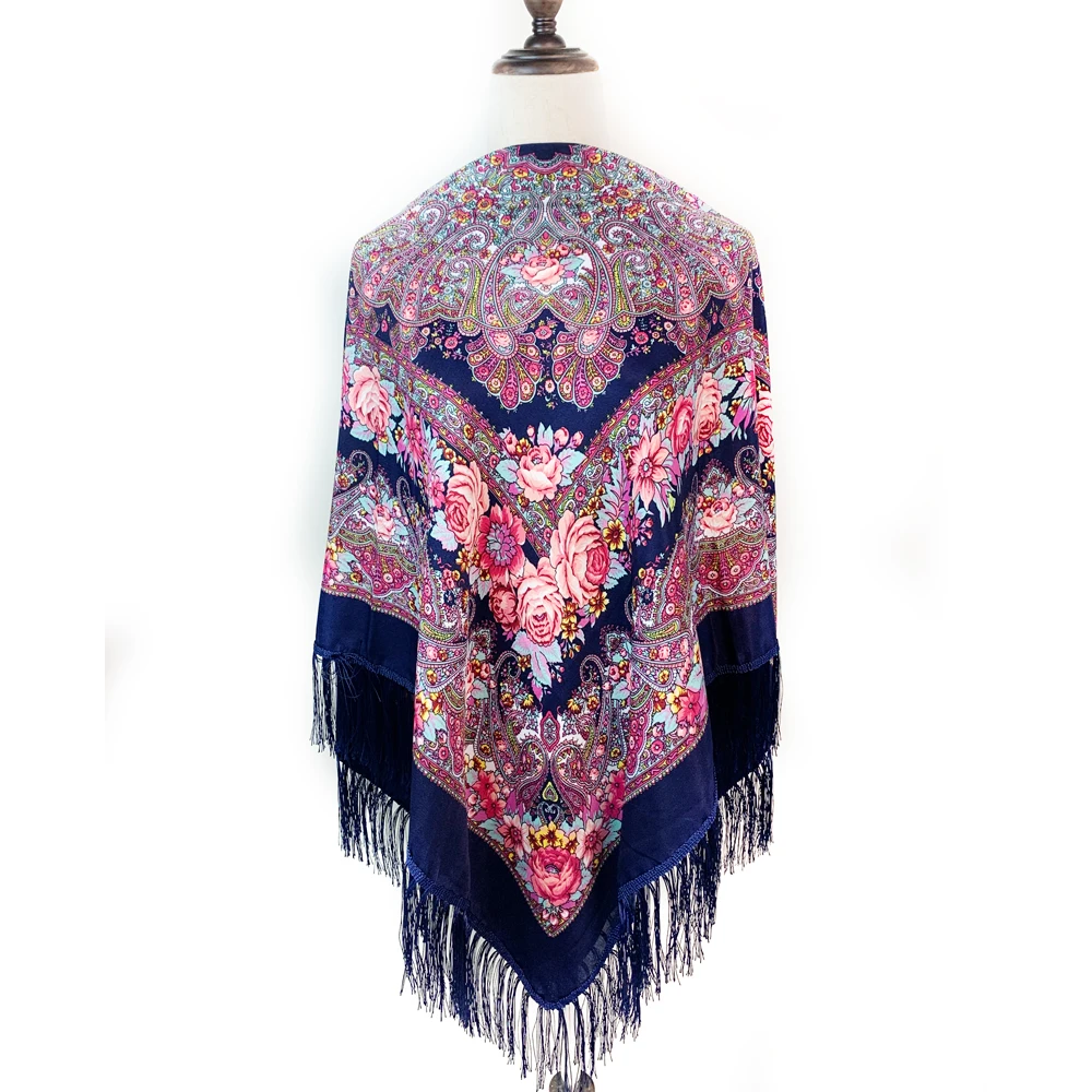 130*130 cm Luxe Bloemenprint Omzoomd Oekraïense Sjaal Vrouwen Russische Nationale Vierkante Sjaal Babushka Zakdoek Hoofd Wraps