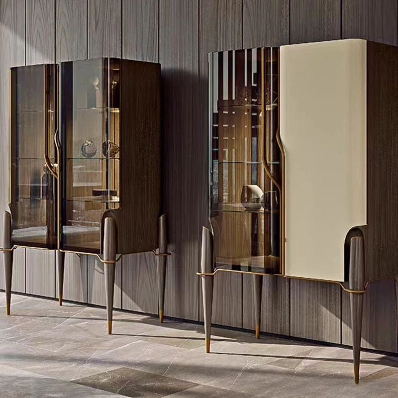 Minimalist glass door wine cabinet villa high-end home display cabinet light luxury high cabinet wall living room