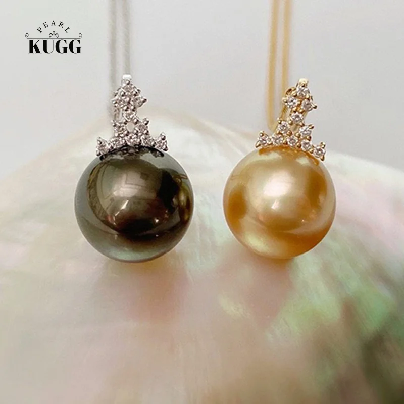 

KUGG PEARL 18K Solid Yellow Gold Necklace Women Natural South Sea Gold Pearl Pendant Natural Tahiti Black Pearl Diamond Jewelry