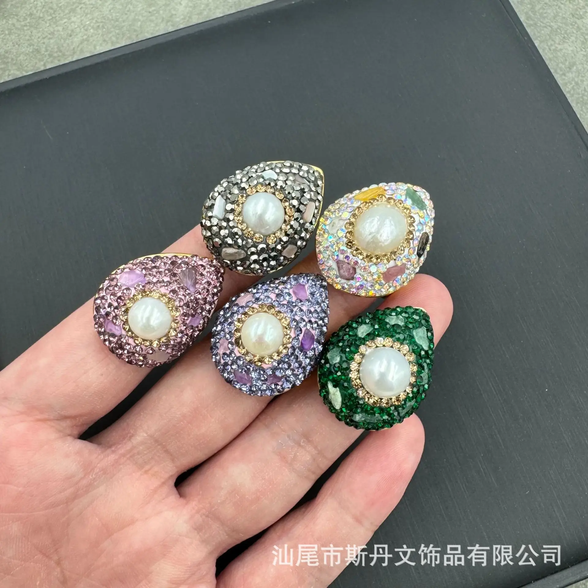 

New natural baroque pearl European style personalized color retention full real crystal open ring live stream supply rings