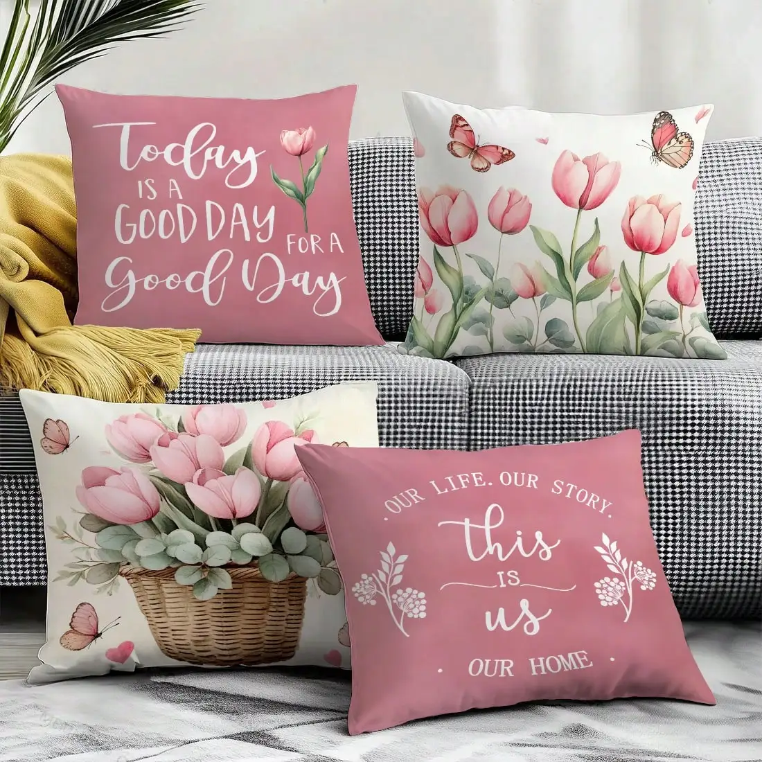 

4Pcs Pink Tulip Print Pillow Covers Polyester Cushion Cases for Spring Home Decor