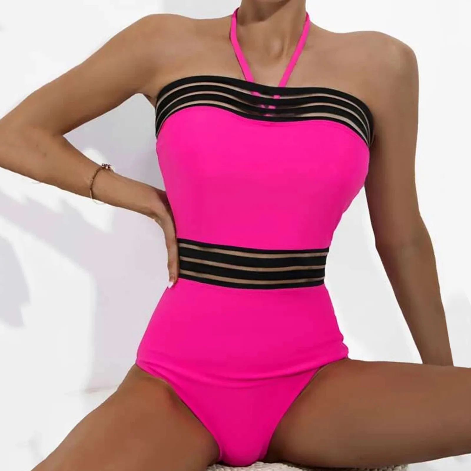 Sexy One Piece Swimsuit Women Black Pink Blue Strapless Hollow Tankini High Waist Push-Up Tummy Control Swimwear Monokini