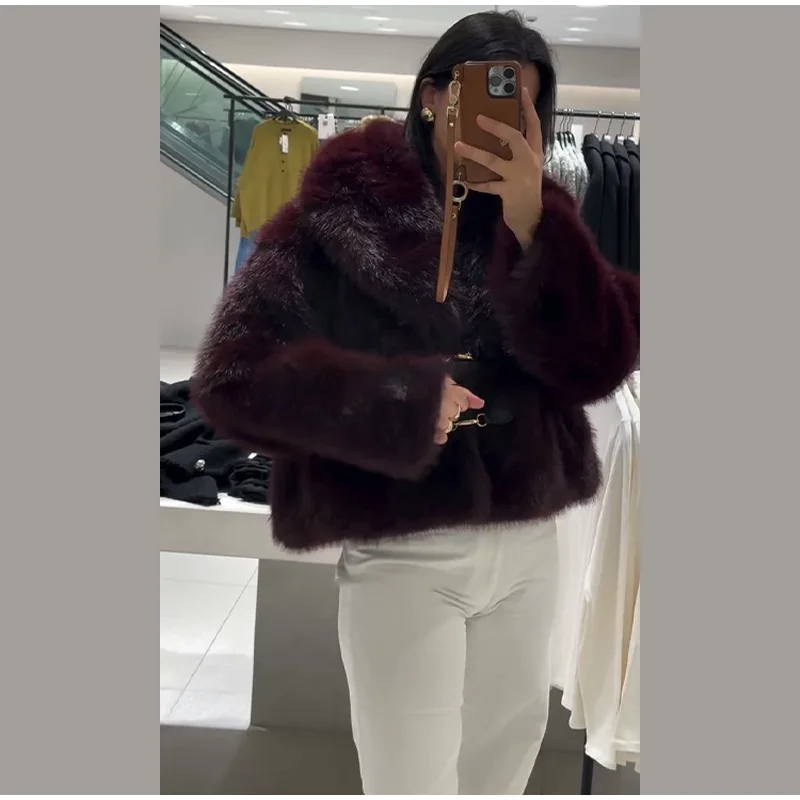 Elegant PU Fur Patchwork Jacket Women Loose Detachable Collar Lapel Double Breasted Jackets Female Fashion Winter Warm Outwear