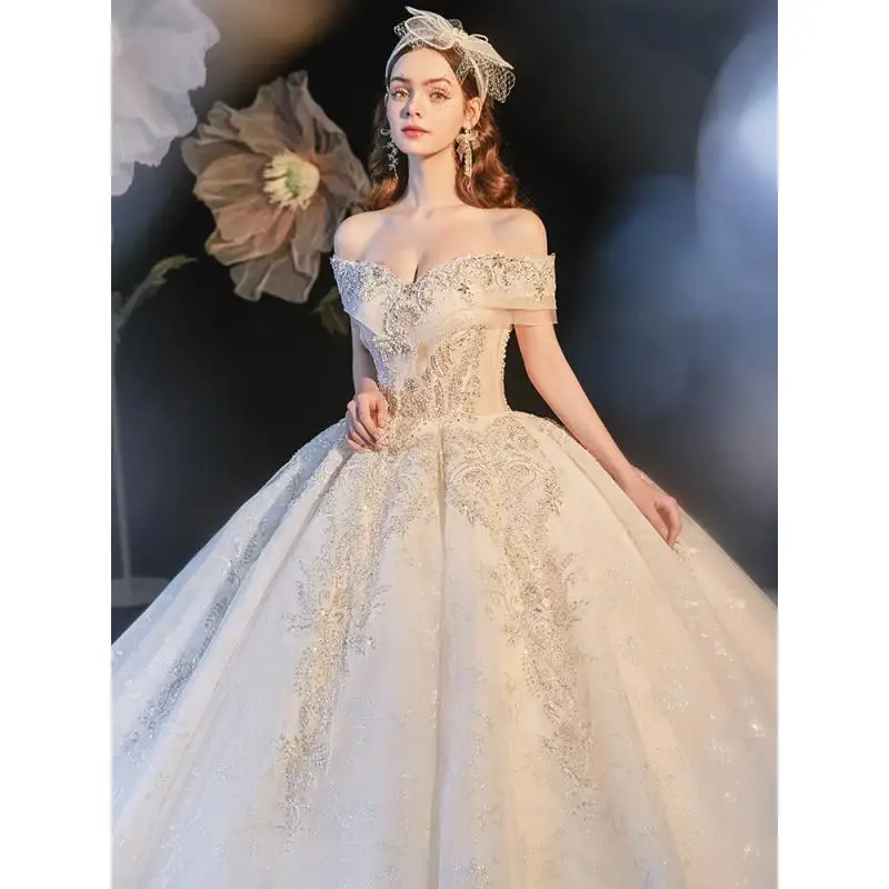 Off The Shoulder Wedding Dress Champagne Starry Sky Princess Sleeveless Women Glitter Ball Bridal Gown Wedding Dress Customized