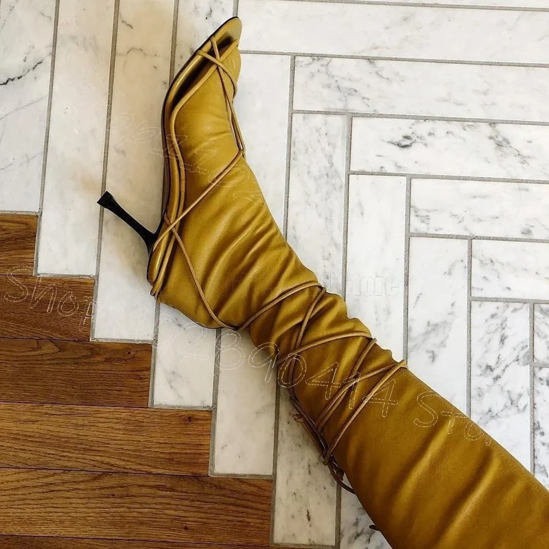 

Brown Strappy Slim Matte Leather Runway Boots Slip On Women Shoes Thin High Heels Party Banquet Dating 2025 Zapatos Para Mujere