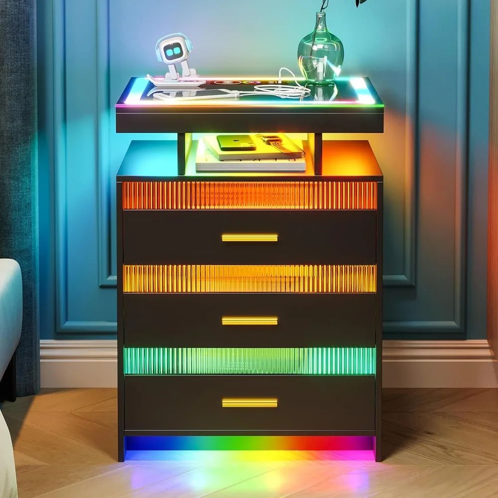 LED Nightstand with USB/Type-C/Wireless Charging Station, Smart Auto 24-Color RGB, 3 Drawers and Glass Desktop, Bedside Table