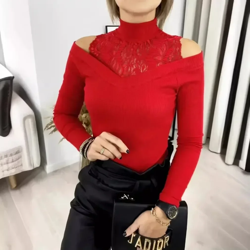 

Women's Autumn and Winter Latest Popular Women's Casual Commuting Shirt Solid Color Lace Patch Off Shoulder Long Sleeved Top
