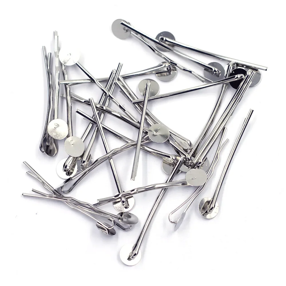 

50Pcs Bobby Pins Hair Clips With Round Glue Pad Barrettes Alloy Silver Tone Jewelry DIY Findings 44x8mm