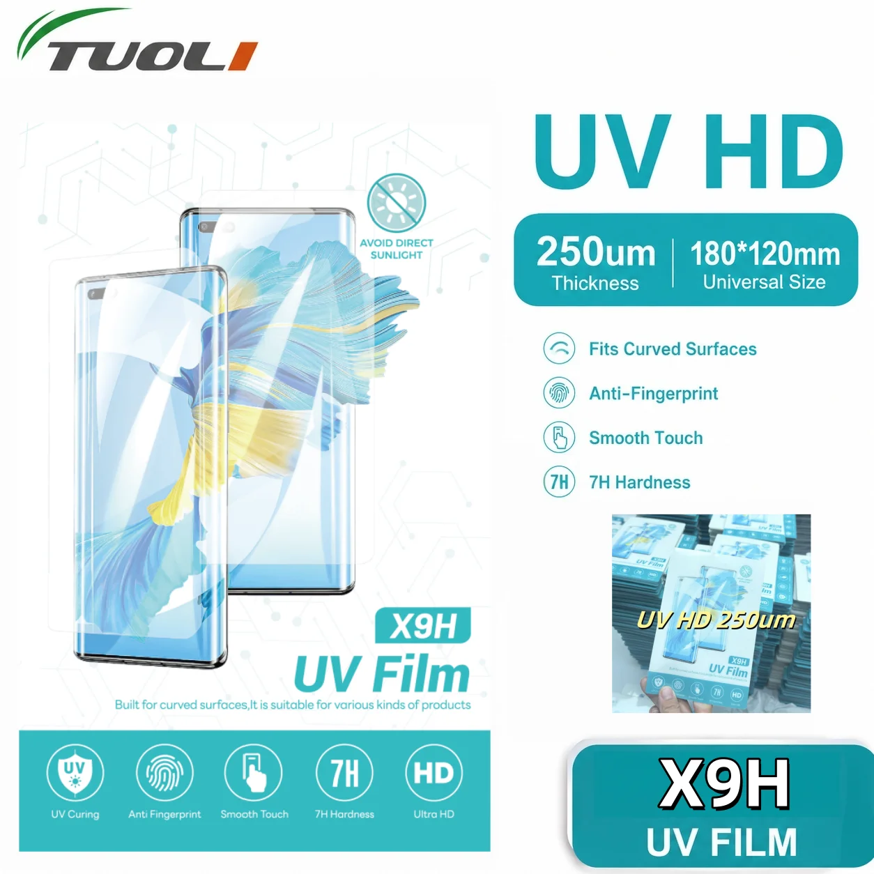 TUOLI 250um 50Pcs X9H HD UV Curing Film Full Screen Protector Screen for Mobile Phone TL568MAX TL168 TL518B TL518A TL168Plus