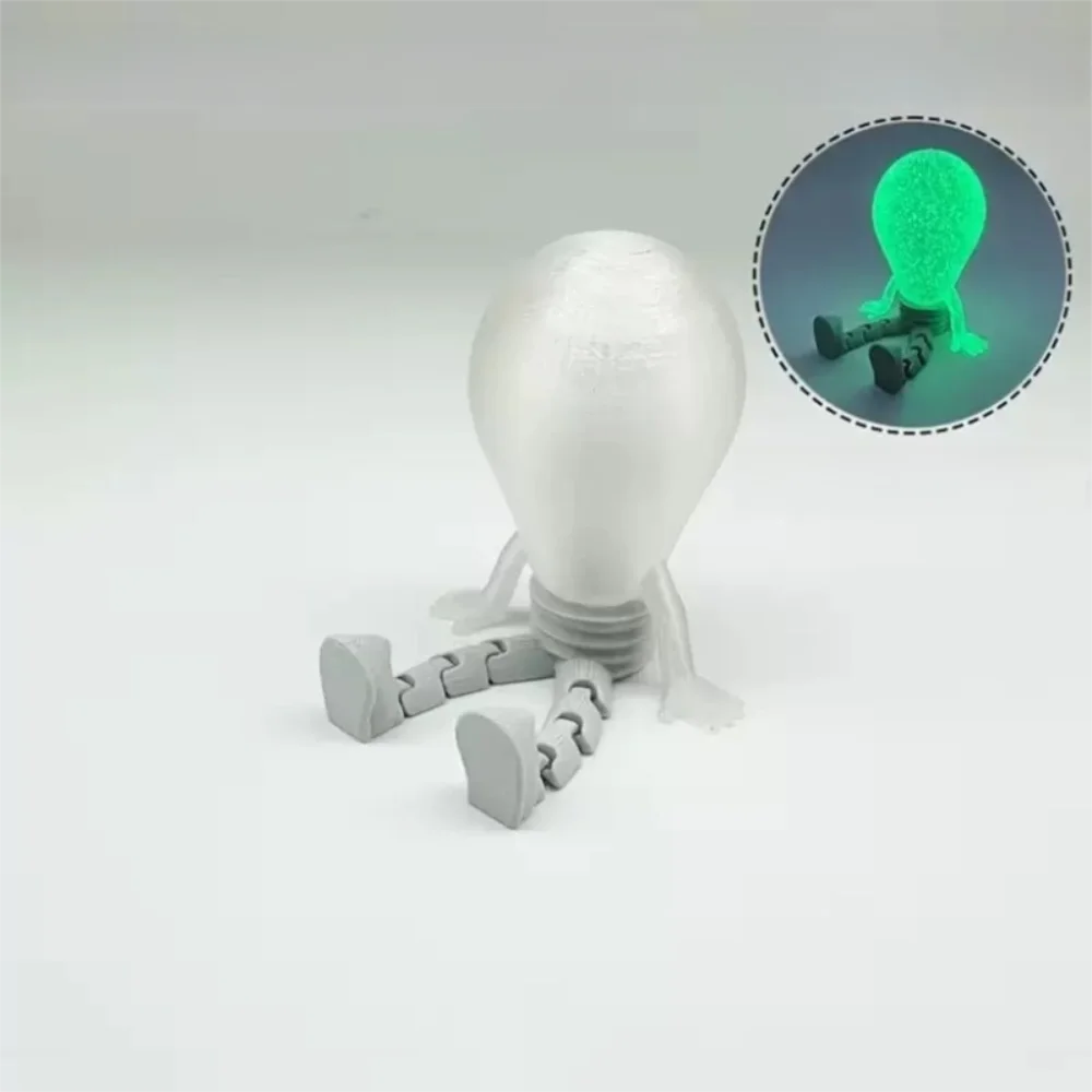 3D Printed Glowing Bulb Figurine Plastic Simulation Luminous Sitting Figure Glow-in-the-Dark Novelty Mini Bulb Statue Home Decor