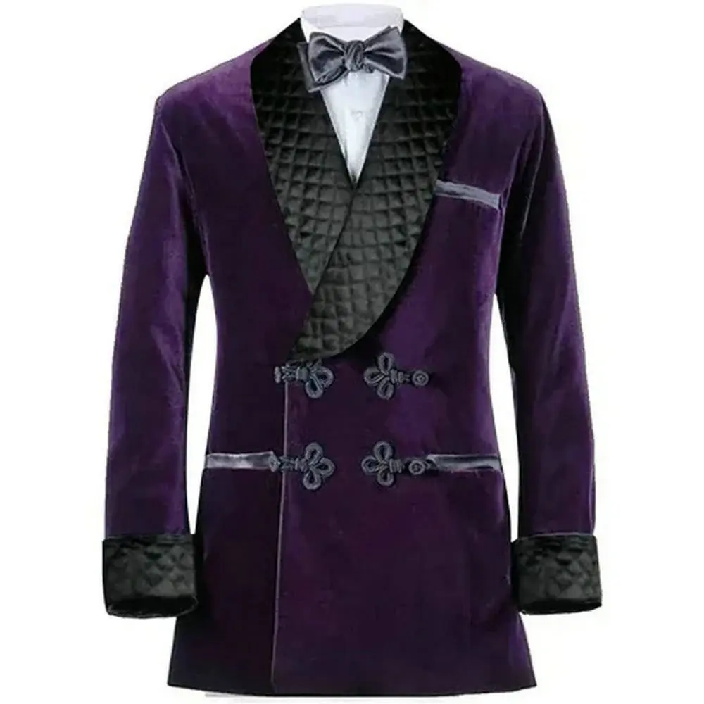 Double Breasted Purple Velvet Smoking Jackets Black Shawl Lapel Formal Tuxedos Loose Vintage Retro Party Prom Suit Blazer Sets