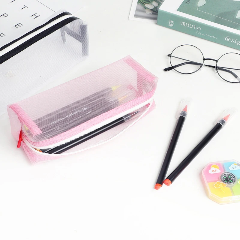 Solid Color Transparent Mesh Pencil Case School Student Supplies Zipper Pencil Bag Pen Box Stationery Storage Bag