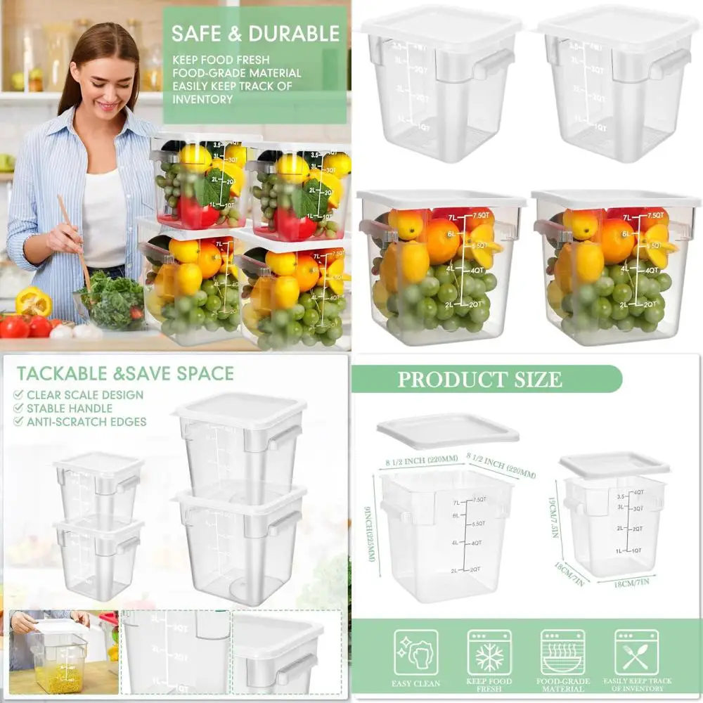 

Set of 4 Clear 8-Quart & 4-Quart Food Storage Containers with Lids, Handles, and Scales - Commercial-Grade Polycarbonate for Kit