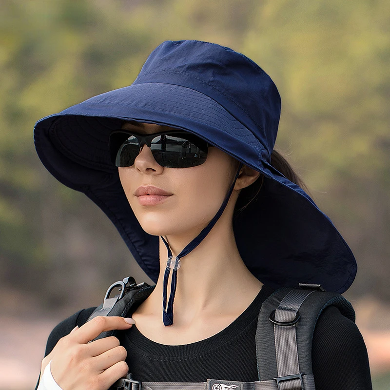 Summer Bucket Hats for Women Outdoor Lightweight Ponytail Hole Visor Hats Climbing Hat Big Brim Travel Sun Hat with Neck Flap