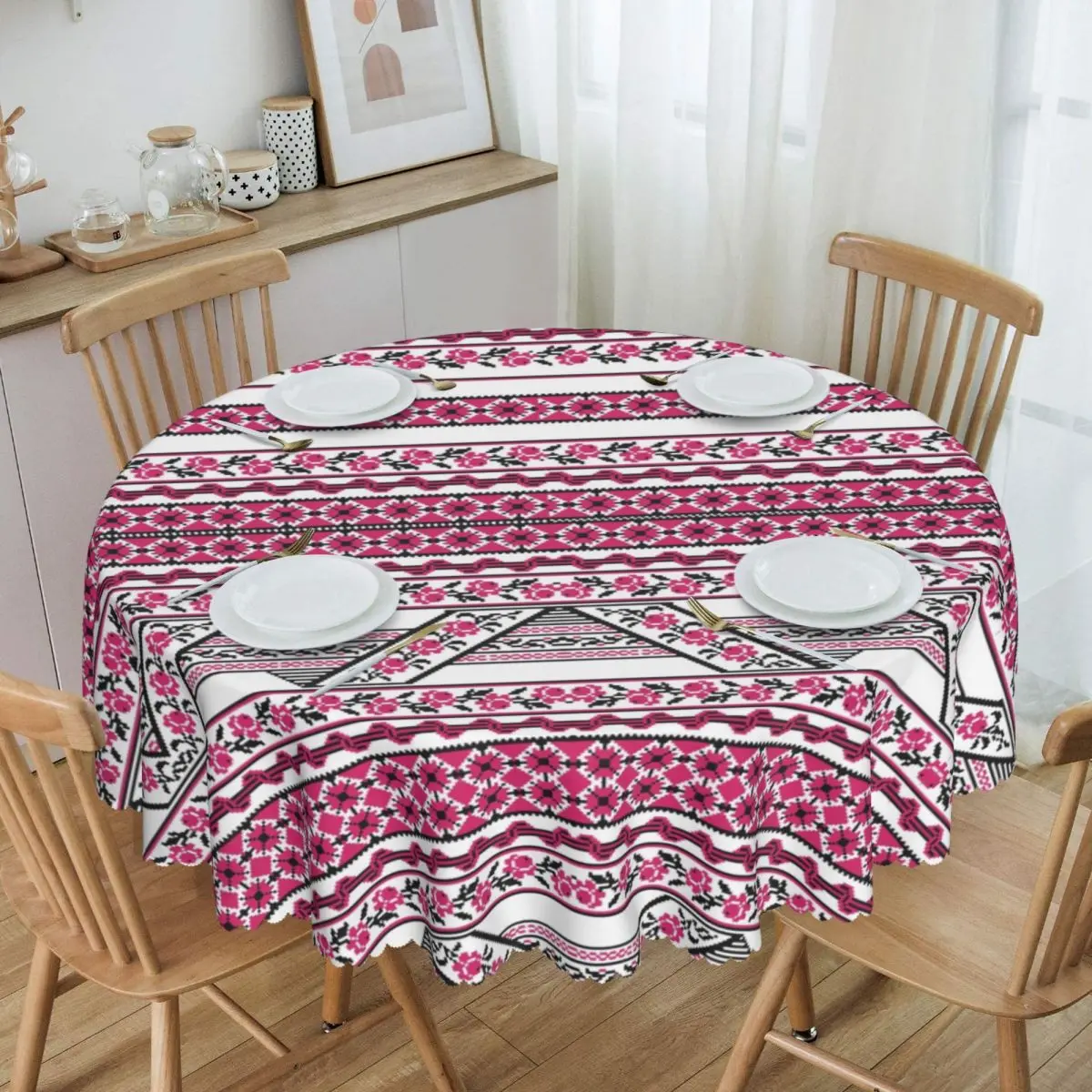 Custom Bold Ukrainian Embroidery Vyshyvanka Tablecloth Round Waterproof Ukraine Bohemian Geometric Table Cover Cloth f