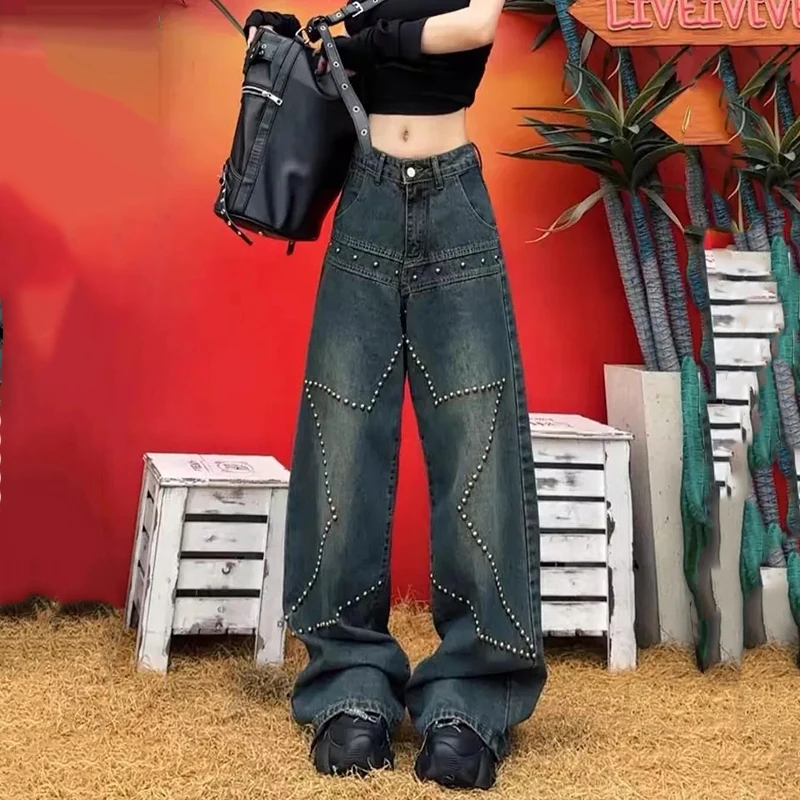 Y2K Rivet Jeans Women High Street Washed Baggy Straight Trousers American Vintage Chic High Waist Ladies Wide Leg Denim Pants
