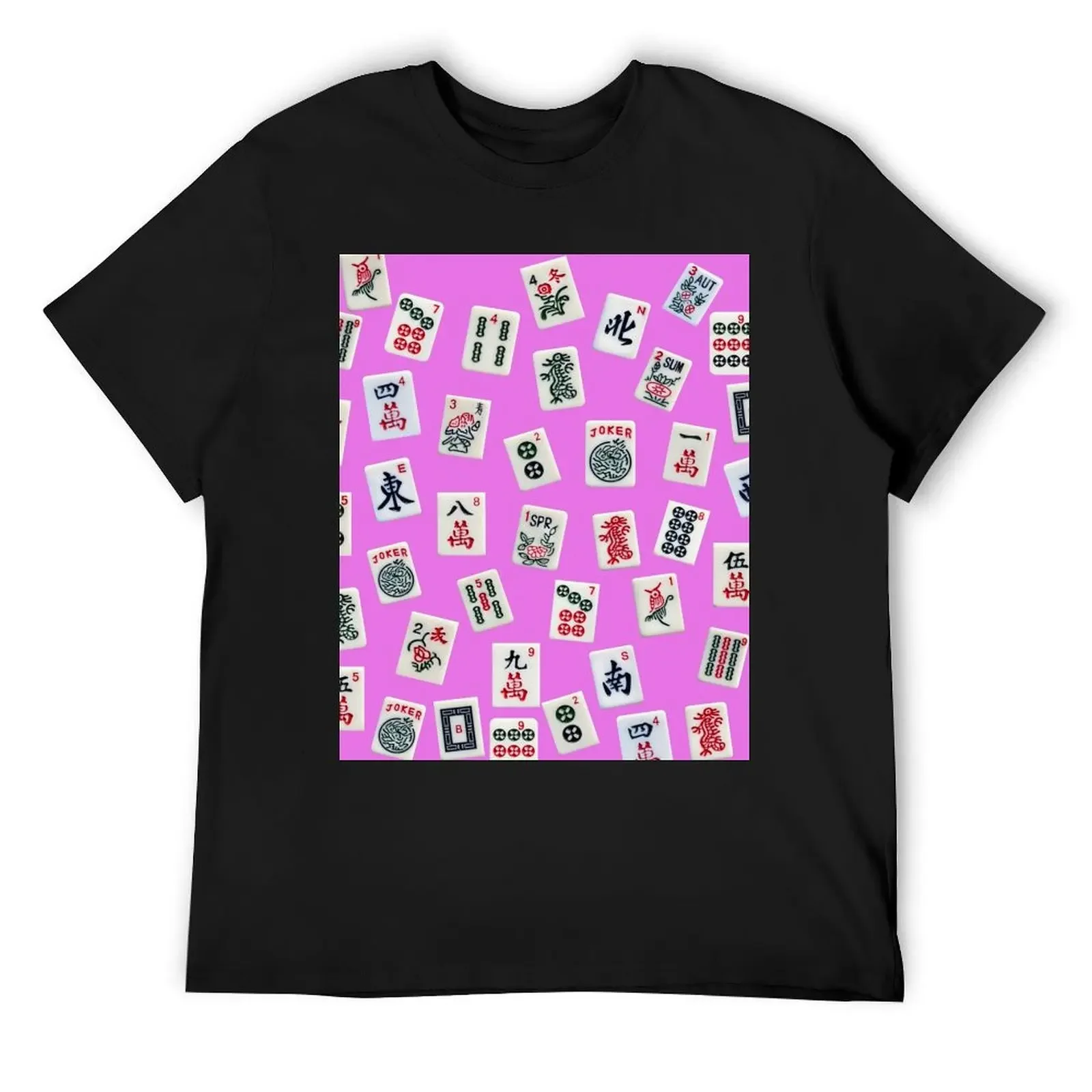 Mahjongg game tiles design on pink color T-Shirt heavyweights quick-drying summer tops kawaii clothes t shirts for men graphic