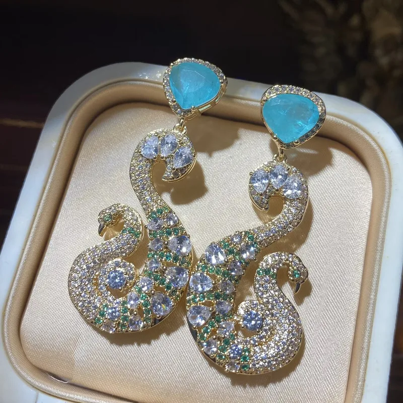 Gold Tone Swan Shape Drop Earrings Inlaid Blue Heart Cubic Zirconia Daily Wear Statement Earrings For Women