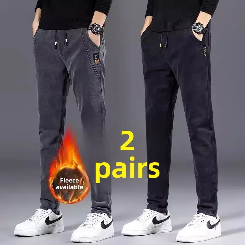 Thiened Fce forrado solto ajuste jeans masculino para trabalho outono inverno resistente ao desgaste e à prova de sujeira perna reta algodão denim