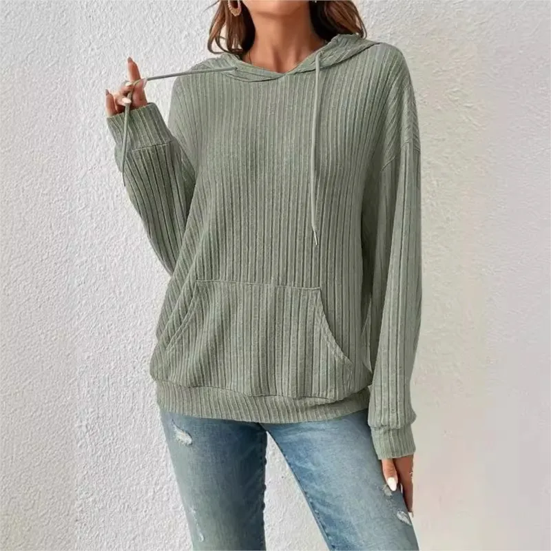 

Autumn And Winter New Knitted Shirt With Hoodie Strap Pit Bar Kangaroo Pocket Long Sleeve Hoodie Solid Color Loose And Versatile