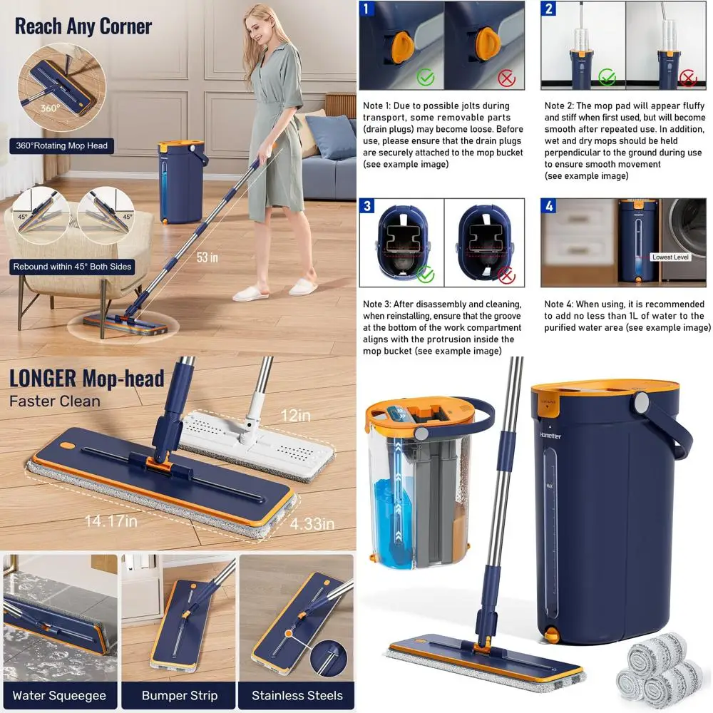

3-Tank Mop System with Wringer, Long Handle Wall Cleaner, Hands-Free Floor Mopping Kit with 4 Microfiber Pads
