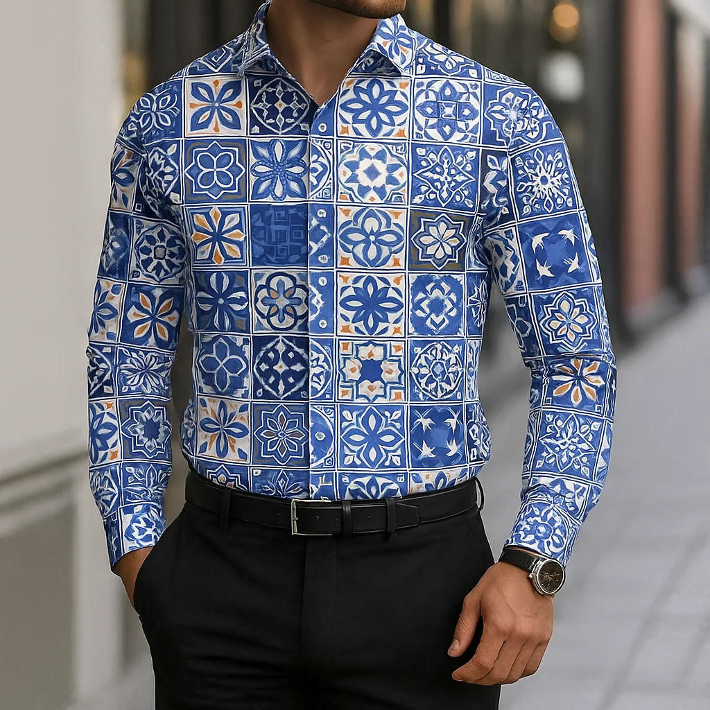 الرجال قميص طويل الأكمام عادية سليم صالح زر أسفل قميص البحر الأبيض المتوسط بلاط نمط قميص للرجال قمة الموضة بلوزة الذكور المحملة