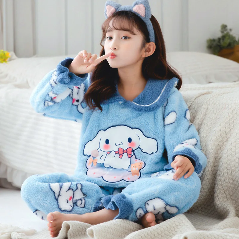 

Kawaii Sanrioed Cinnamoroll Children Coral Velvet Pajamas Boys Girls Winter Warm Anime Cartoon Sleepwear Kids Home Clothes Gift