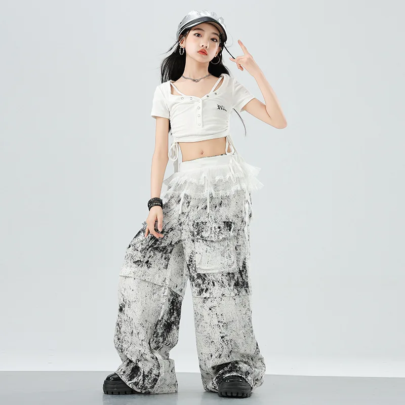 Meisjes K-pop Mode Crop Top Street Dance Losse Splash Inkt Cargo Broek Kinderen Hip Hop Kleding Set Kids streetwear Jazz Kostuum