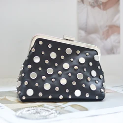 Hot Selling Luxury Trendy Black PU Shoulder Crossbody Bag Irregular Stud Chain Small Bling Hand Bags for Women