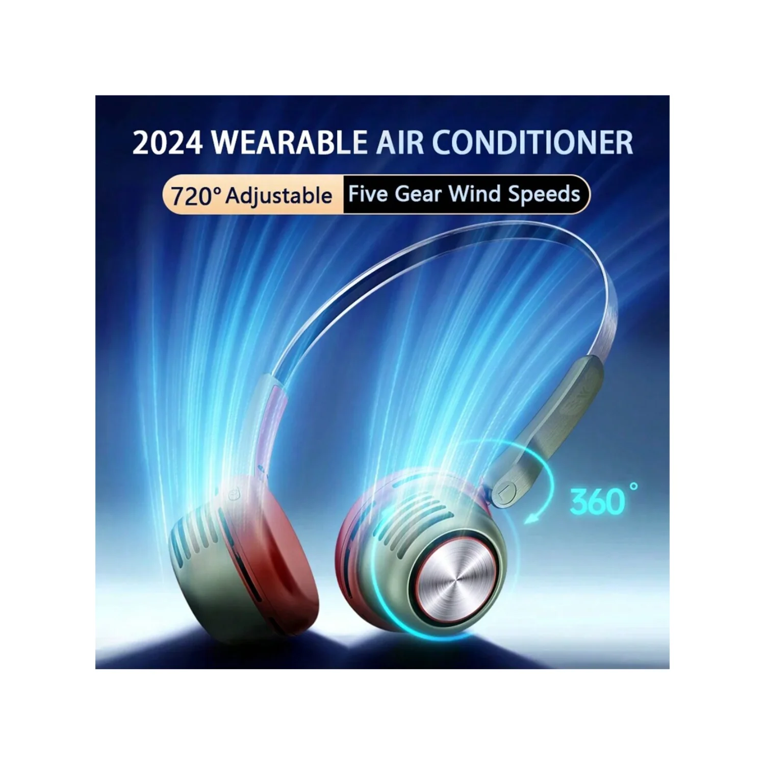 2024 เครื่องปรับอากาศแบบสวมใส่ Super Cool ใหม่ 720 °   พัดลมแขวนคอหมุนได้พัดลมไอเย็นแบบพกพาพัดลมคอไร้ใบพัดพร้อมเกียร์ 5 อัน