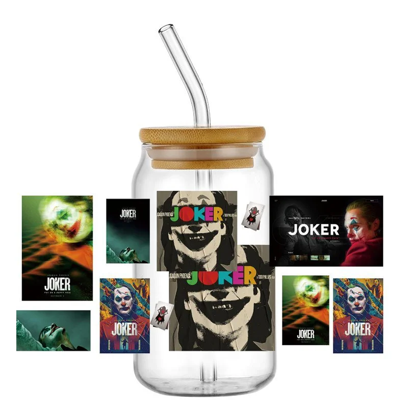 Joker Movie Cartoon UV DTF Transfer Sticker Clown For The 16oz Libbey Glasses Wraps Bottles Cup Sticker DIY Waterproof