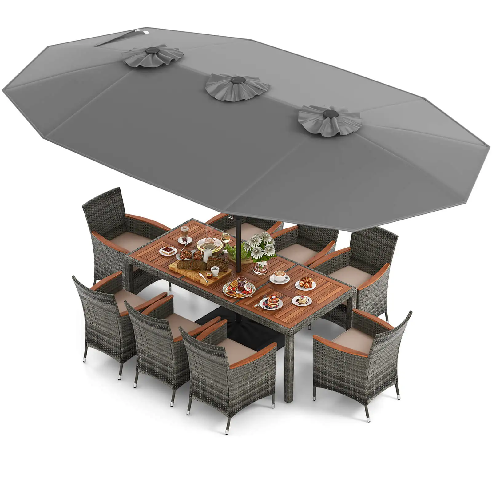 10 Pieces Patio Wicker Dining Set with Double-Sided Patio Umbrella 8 Armchairs Grey