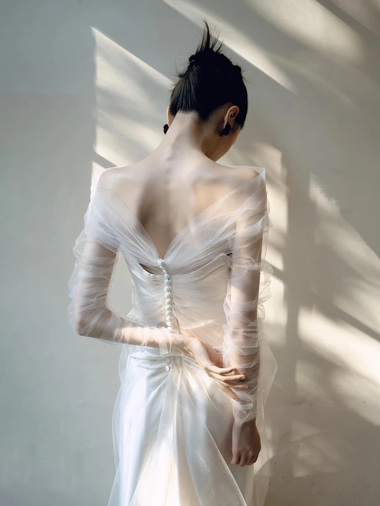 

Ele Lightweight Satin Wedding Dr Simple Welcoming Bride Going out Dr Long Train Outdoor Lawn Ceremony Gown