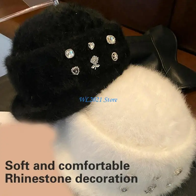 G5GC قبعة القلب المتطورة أحجار الراين مزينة قبعة فراء الأرانب قبعة أنيقة