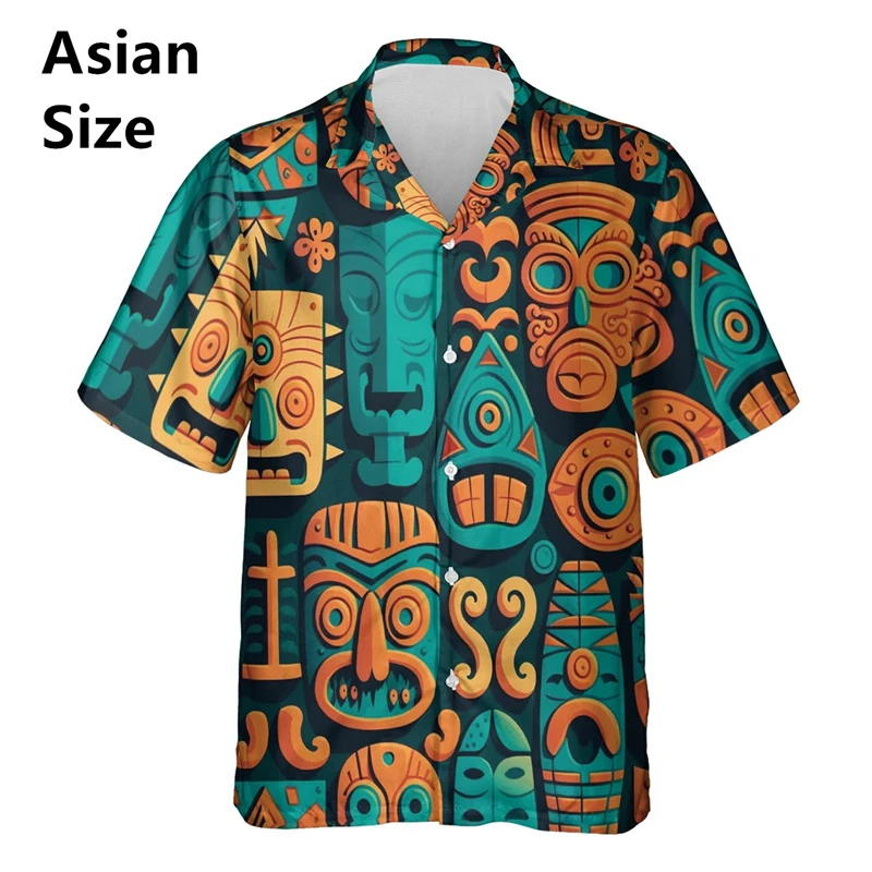 Men's Hawaiian Short Sleeve Shirt Tribal Tiki Mask Totem Print Vintage Outdoor Casual Summer Beach Daily Top
