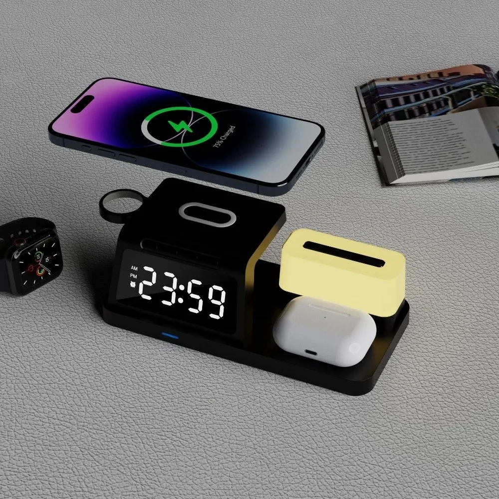 Plastic Wireless Charging Clock Fast Charging LED Display Multi Functional Desktop Charger Earphone Charging with Watch Stand