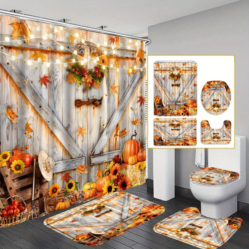 

4pcs Hallowmas Maple Leaves and Pumpkins Shower Curtain Gift Modern Home Bathroom Decoration Curtain and Toilet Floor Mat 3-piec