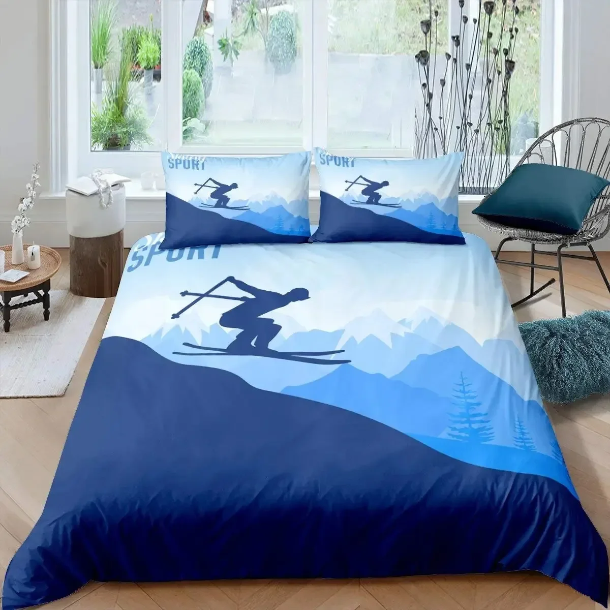 Ski Sports Duvet Cover Set Full Size Winter Sports Skiing Bedding Sets Snow Mountain Landscape Comforter Cover for Boys Girls
