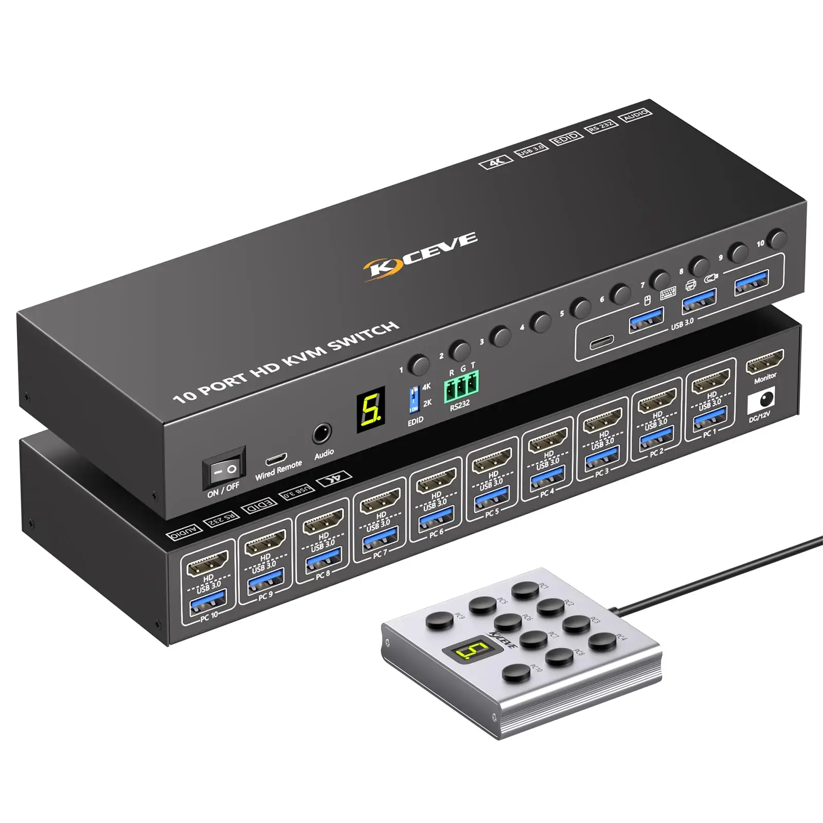 4K@60Hz 10/8 Ports HDMI KVM Switch, EDID Simulation, USB 3.0 Switch for 10 Computers Share 1 Monitor 4 USB Device, With Audio RS