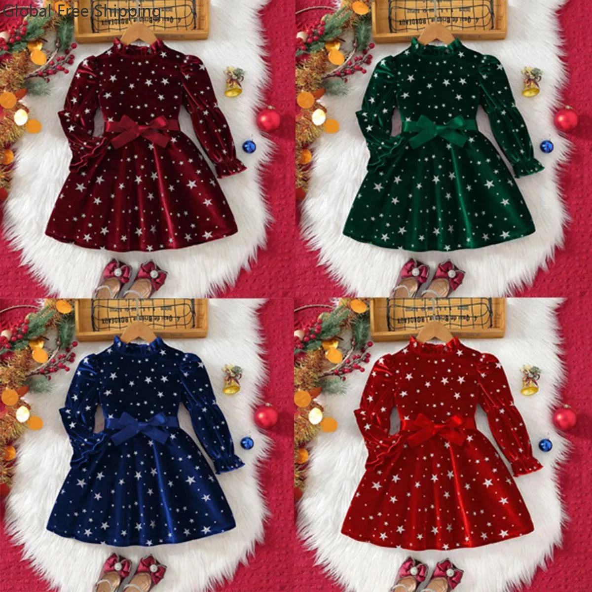 

Girls Party Long Sleeve Dress 3-6 Years Children Christmas New Year Cosplay Princess Dress Red Velvet Star Mesh Birthday Gown