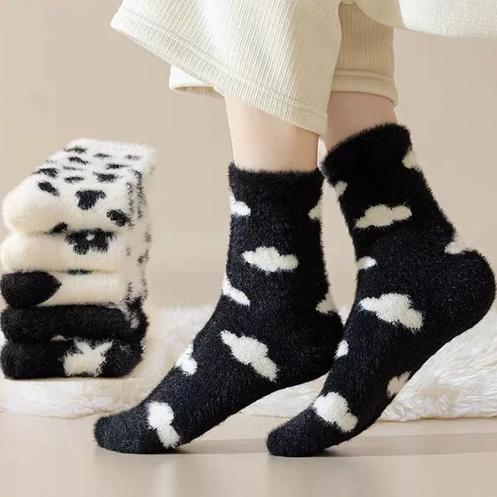 Mink Fleece Super Thick Soft Socks Women Ins Leopard Print Solid Winter Warm Coral Plush Sock Thermal Snow Home Sleep Floor Sox