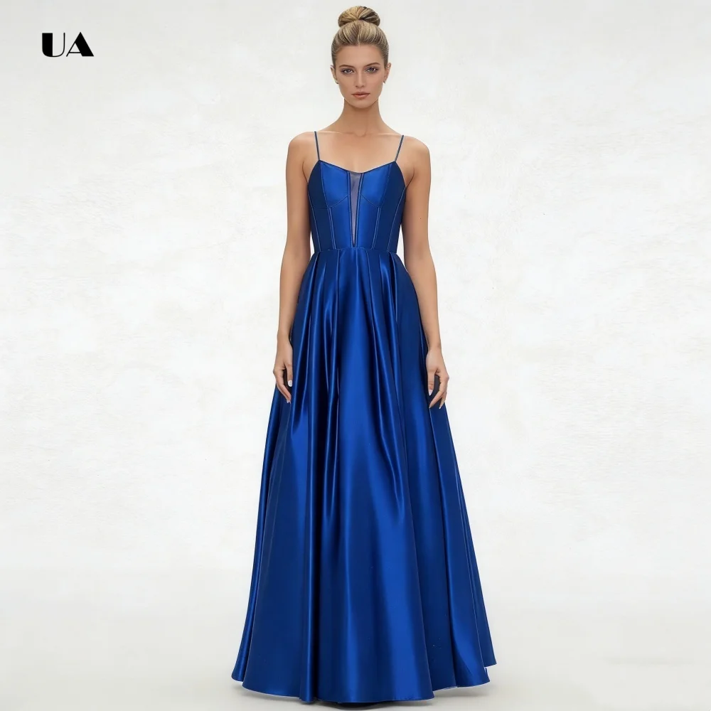 ULBYANRY Schlichtes A-Linien-Abschlussballkleid mit Spaghettiträgern, solides Satin-Abendkleid mit V-Ausschnitt und transparenten Details, individuelles Partykleid