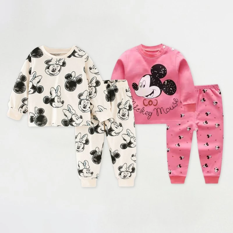 0-4 idade roupa interior do bebê terno impresso dos desenhos animados bonito minnie meninas conjunto de manga comprida pijamas roupas de outono crianças roupas de casa