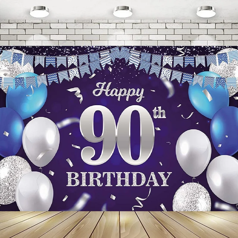 Happy 90th Birthday Banner Photography Backdrop Navy Blue Balloons Confetti Stripe Flag Light Spots Cheers Decor Glitter Silv