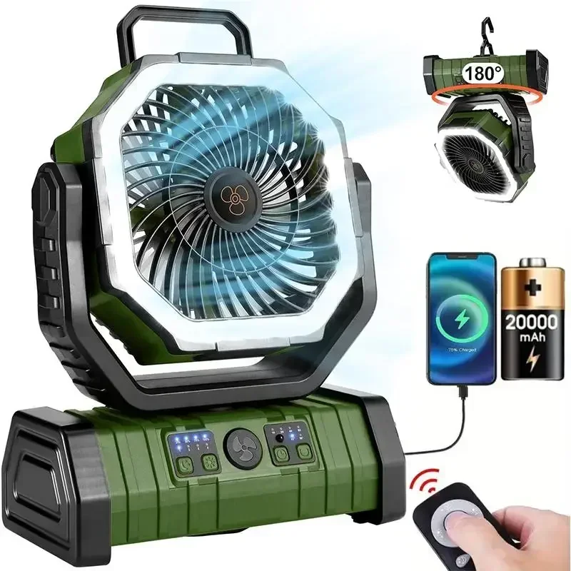 

Cordless Camping Fan Rechargeable, 20000mAh Battery Powered Fan with Remote, Battery Operated Fan with LED Light Hanging Hook